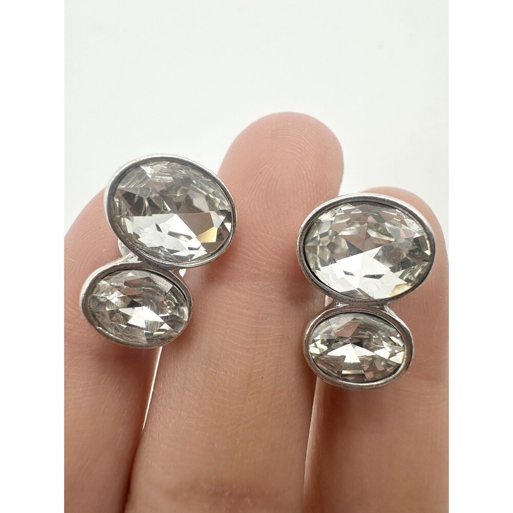 Vintage Silver Tone Faceted Clear Crystal Clip On Earrings